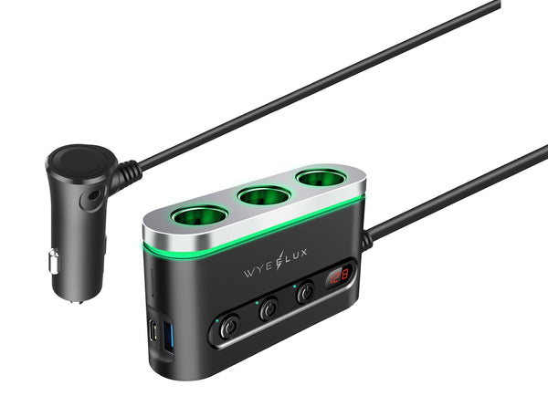 WYEFLUX 120W In-Car Charger with 3 x Cigarette Lighter Sockets + USB-A & USB-C Ports